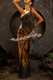 Unique Print Sexy One Shoulder Slim High Slit Maxi Dress
