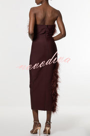 Retro and Glamorous Feather Trim Detail Bandeau Slit Stretch Midi Dress
