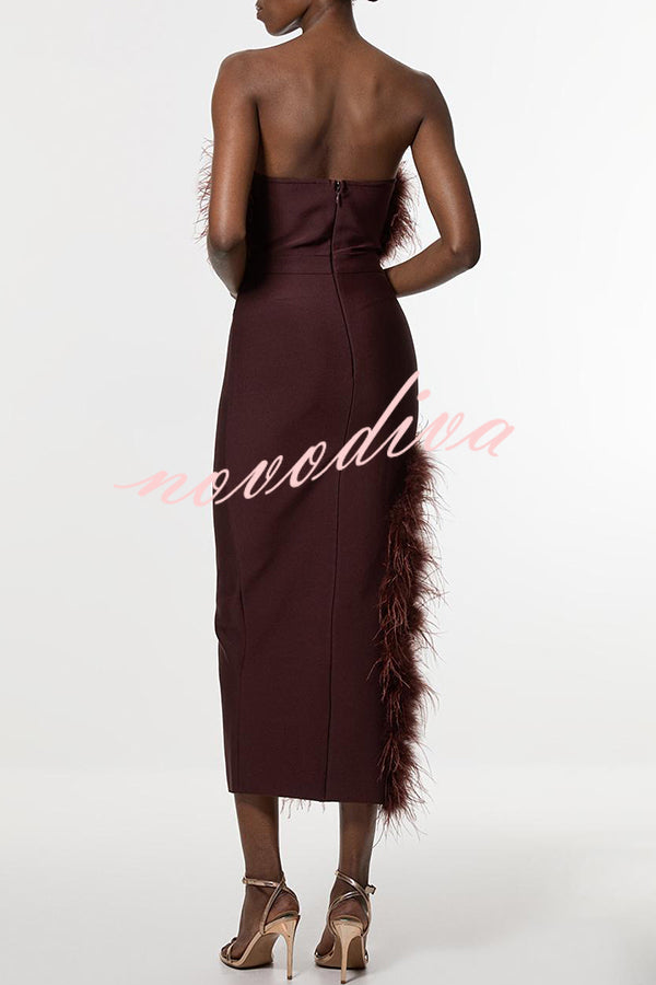 Retro and Glamorous Feather Trim Detail Bandeau Slit Stretch Midi Dress