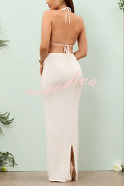 Sexy Crochet Floral Halter Top and Stretch Knit Beach Cover Up Skirt Set