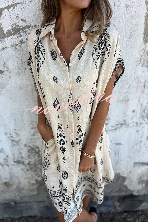 Linen Blend Unique Print Lapel Casual Pocket Mini Dress