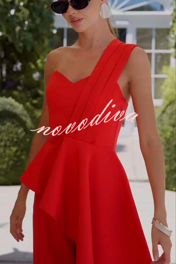 Amena One Shoulder Sweetheart Neck Ruffle Hem Top and Elastic Waist Pocket Wide Leg Pants Set