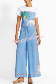Sunday Breeze Satin Floral Unique Print Elastic Waist Pocket Wide Leg Pants