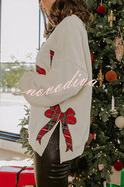 Merry Plaid Embroidered Bow Long-Sleeve Loose Sweatshirt