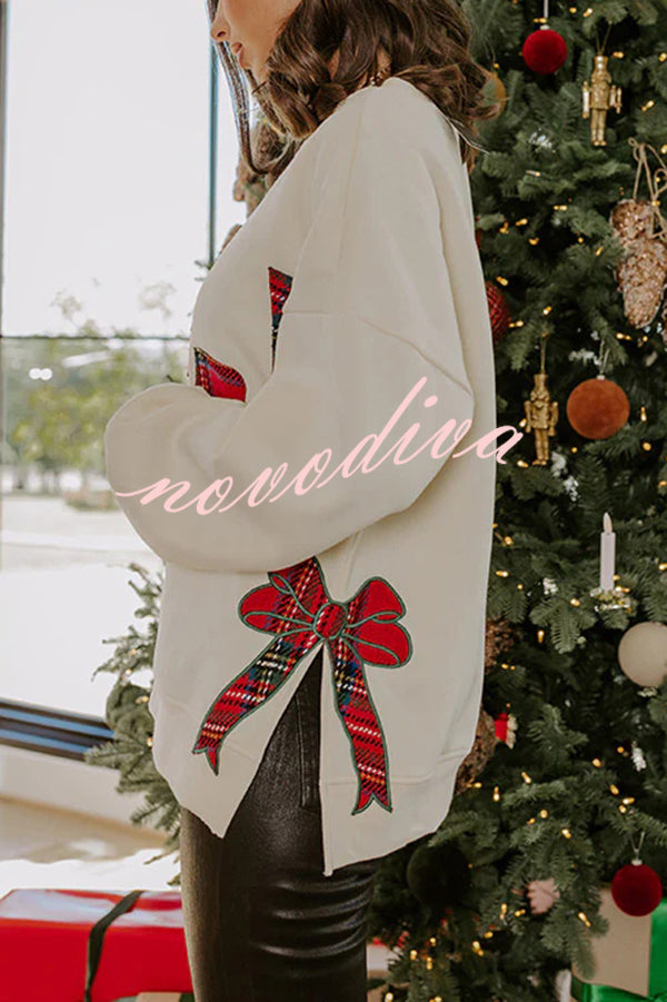 Merry Plaid Embroidered Bow Long-Sleeve Loose Sweatshirt