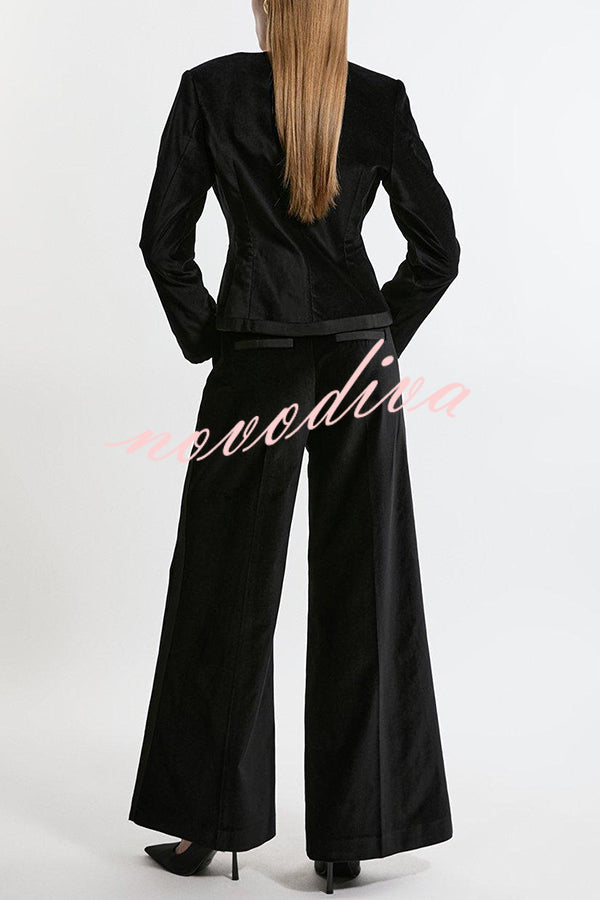 Cue The Cocktails Velvet Grosgrain Detail Pocketed Wide Leg Pants