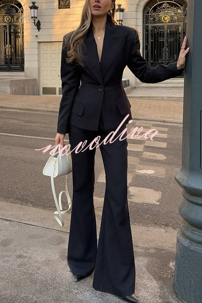 Solid Color Long-sleeved Single-button Blazer and Pocket Casual Flared Pants Set