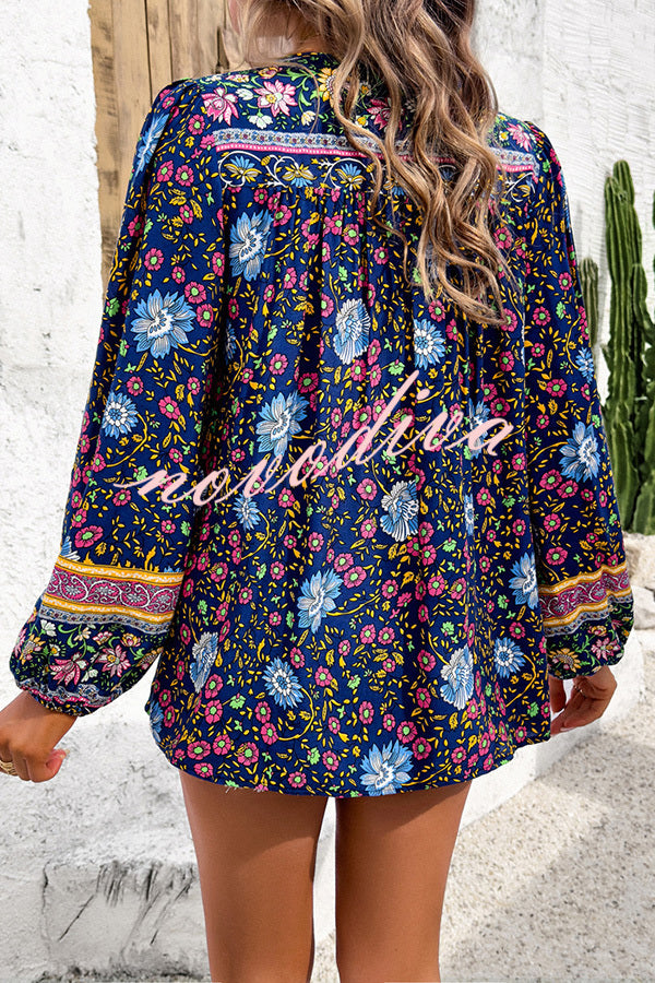 Intricate Floral Print V Neck Lace Up Paneled Long Sleeve Shirt