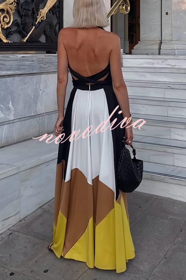 Fashion Colorblock Sexy Backless Tie Waist Full Hem Maxi Dress