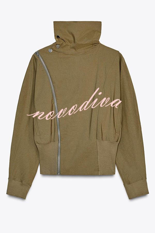Fashionable High-neck Long-sleeved Zippered Simple Jacket