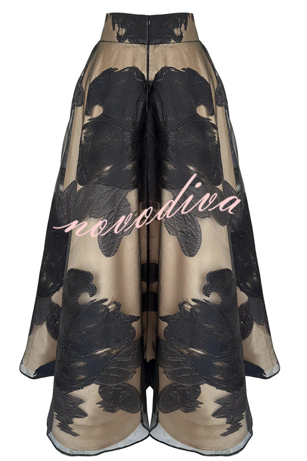 Chic Celebration Tulle Floral Pattern Jacquard High Rise Flared Maxi Skirt