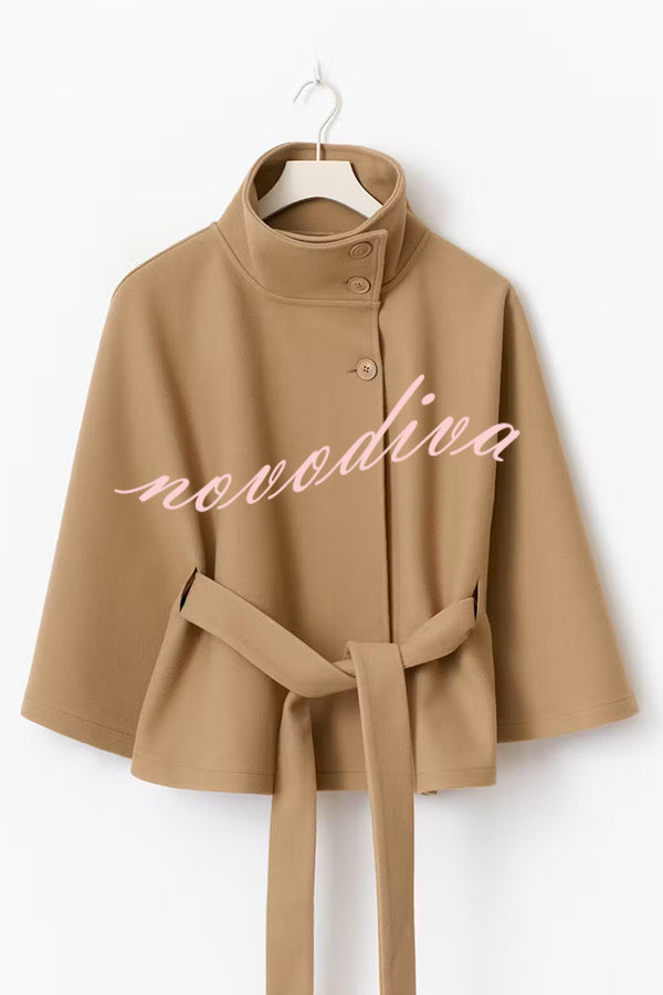 Fashionable Stand Collar Button Waist Tie Loose Cape