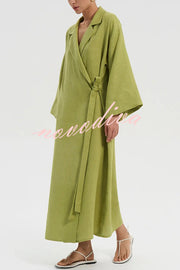 Linen Blend Solid Color Casual Lapel Tie Loose Maxi Dress