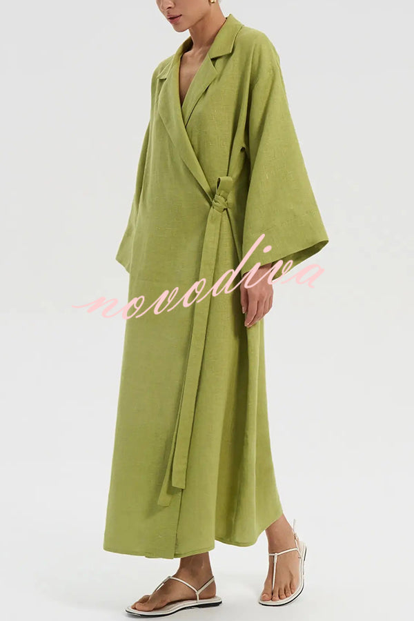 Linen Blend Solid Color Casual Lapel Tie Loose Maxi Dress