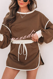 Fashion Round Neck Long Sleeve Spliced Casual Top and Elastic Waist Loose Shorts Set