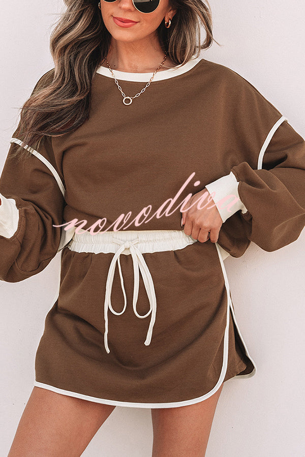 Fashion Round Neck Long Sleeve Spliced Casual Top and Elastic Waist Loose Shorts Set