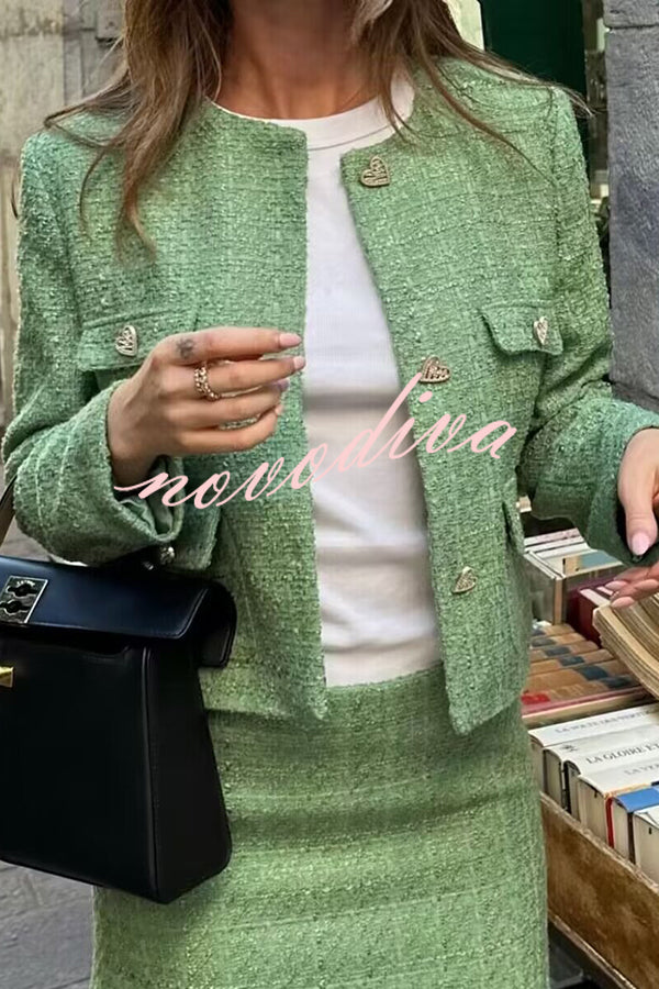 Stylish Tweed Love Button Long Sleeve Casual Pocket Jacket