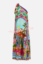 Queens of Creation Unique Print One Shoulder Tie-up Pocketed Loose Maxi Dress