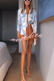 Lake Days Satin Colorblock Unique Print Tie-up Shirt Mini Dress