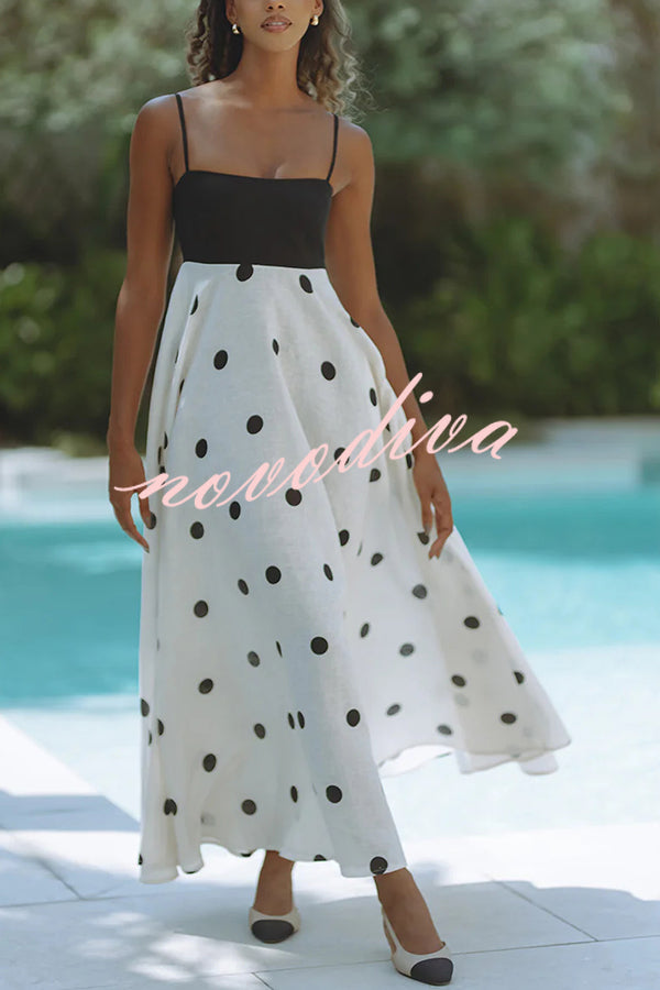 Alias Linen Blend Polka Dot Colorblock Back Smocked Pocket Slip Maxi Dress