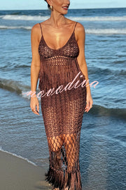 Malia Crochet Knit Hollow Out Tassle Trim Back Tie-up Cover-up Tank