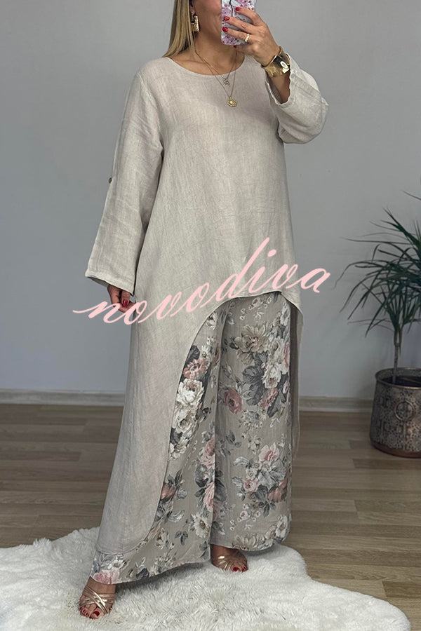 Linen Blend Crew Neck Long Sleeve Irregular Loose Top and Elastic Waist Floral Print Casual Pocket Set