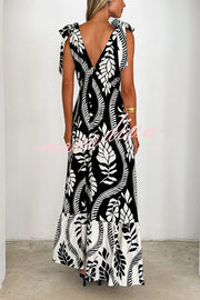 Unique Printed V-neck Sleeveless Lace-up Waist Maxi Dress