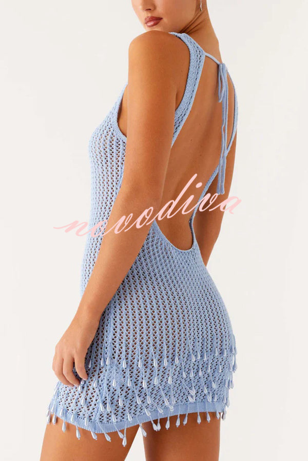 Fashion Knit Hollow Beaded Tassel Embellished Sleeveless Slim Mini Dress