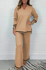 Solid Color V-neck Long-sleeved Loose Top and Elastic Waist Wide-leg Pants Set