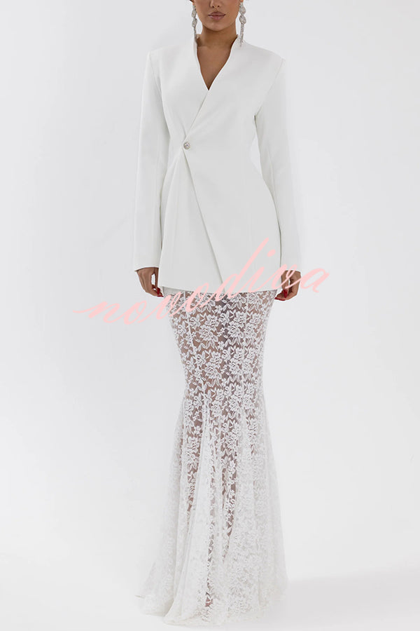 Poetic Muse Stand V-neck Rhinestone Button Up Long Sleeve Blazer