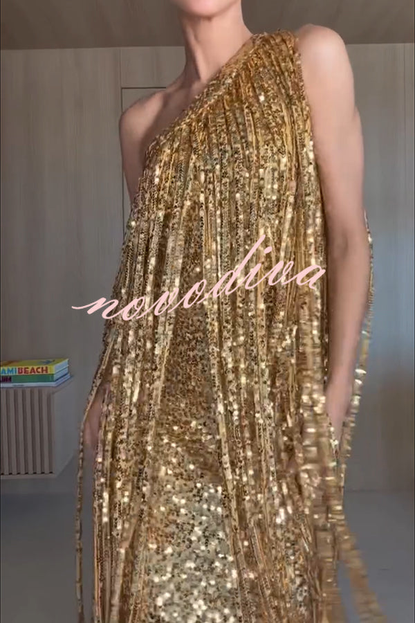 Holiday Muse Sequined Slit Tassels One Shoulder H-line Maxi Dress