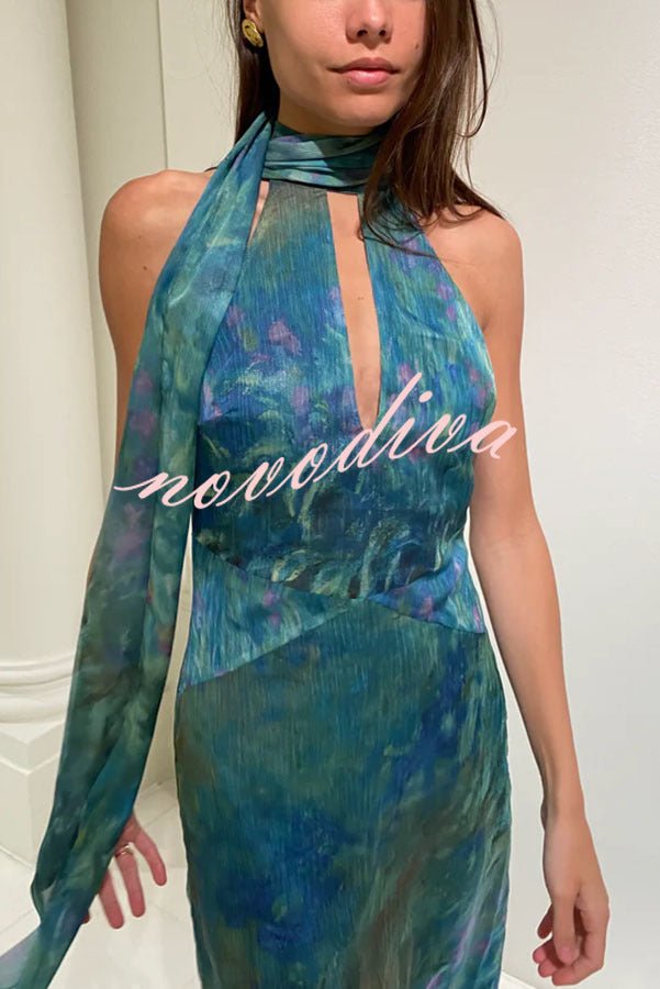 Monet Garden Art Print Turtleneck Cutout Backless Scarf Maxi Dress