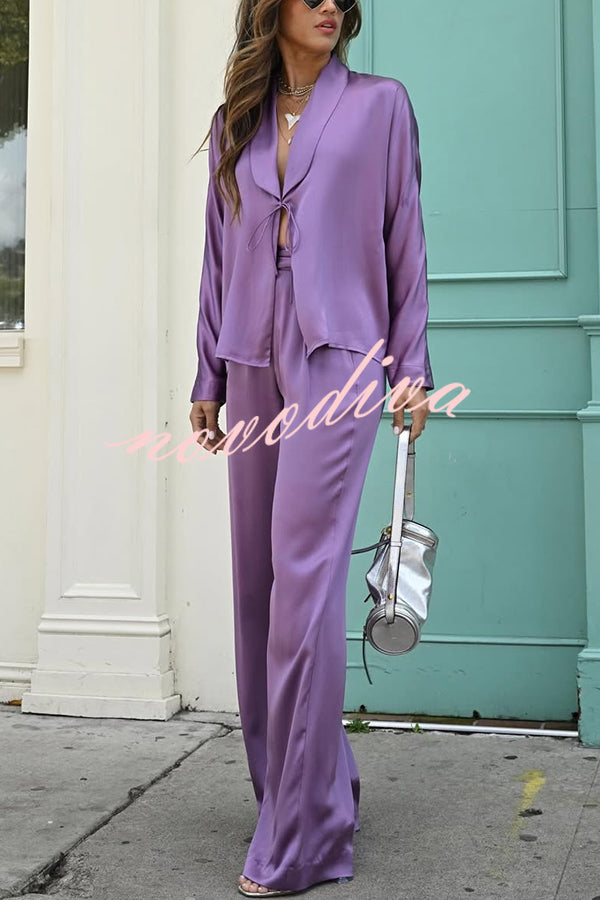 Beyond Time Satin Lapel Lace-up Blouse and Back Elastic Pocketed Loose Pants Set