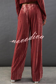 Solid Color Velvet Long-sleeved Waist Tie Top and Elastic Waist Casual Pocket Straight-leg Pants Set