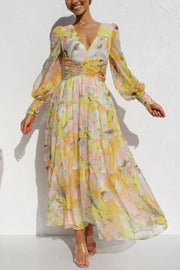 Olena Abstract Floral Balloon Sleeves Maxi Dress