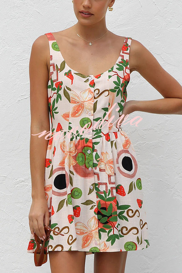 Botanical Print Sleeveless Button-Down Mini Dress