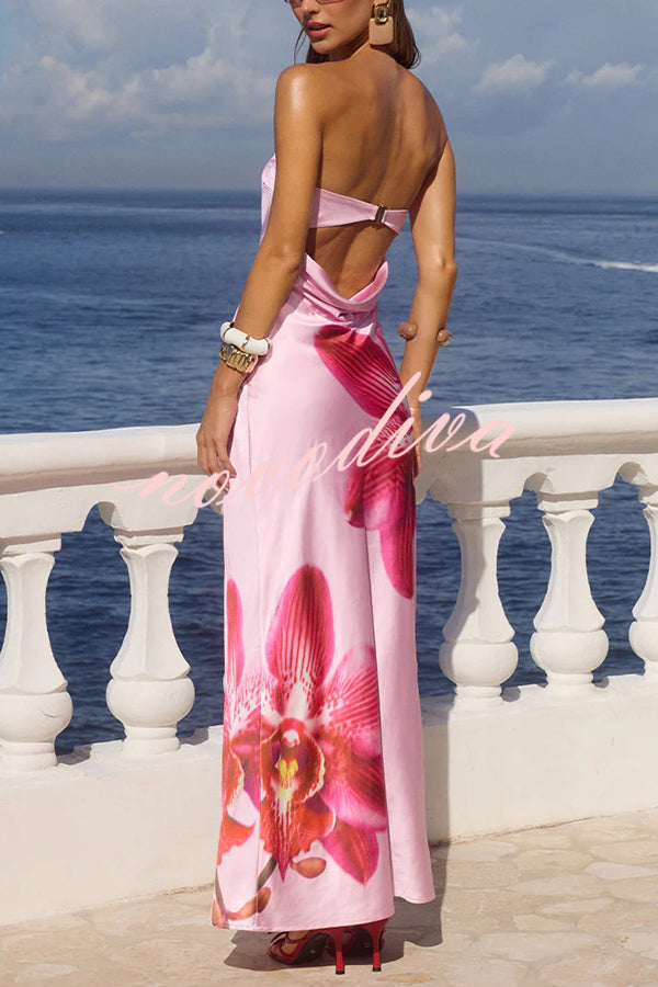 Floral Print Sexy Strapless Backless Holiday Maxi Dress