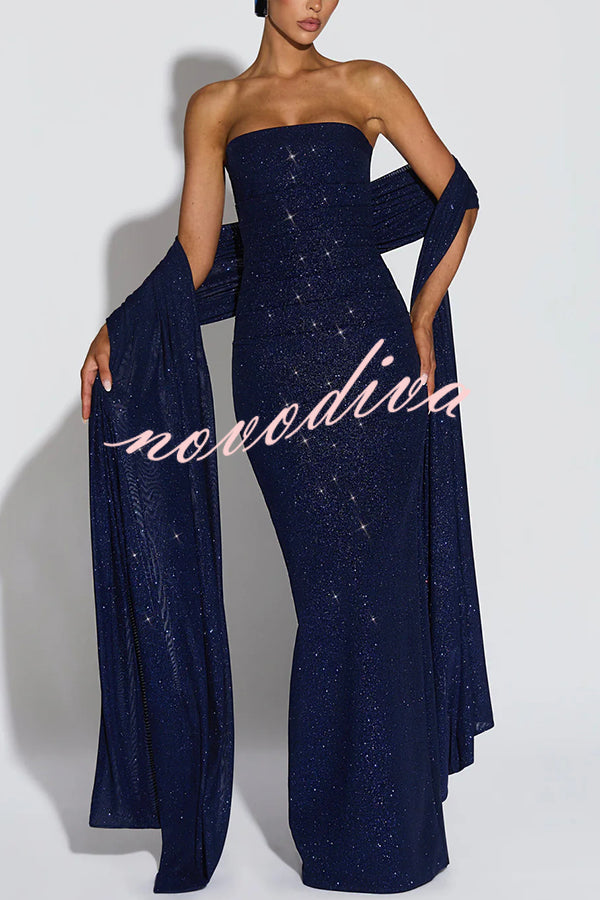 Pandra Glittery Crepe Fabric Off Shoulder Ruched Slit Cape Maxi Dress