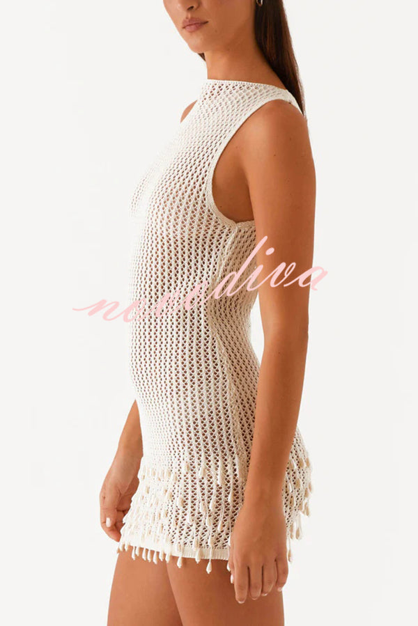 Fashion Knit Hollow Beaded Tassel Embellished Sleeveless Slim Mini Dress