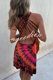 Boho Happiness Tie-dye Print Back Lace-up Stretch Mini Dress