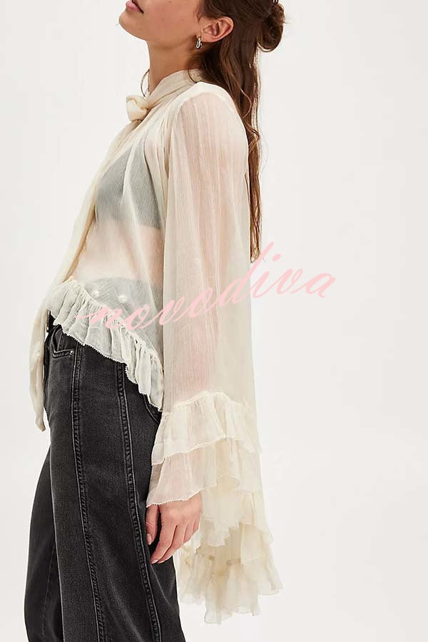 Flowy See-through Ruffle Tie-up Neck Bell Sleeve High-low Hem Cape Shirt