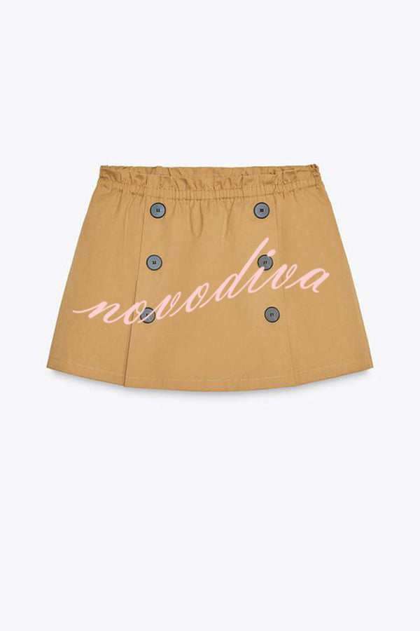 Chic Comfort Mid Rise Elastic Waist Contrast Buttons Pocket Mini Skort