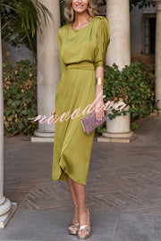Satin Solid Color Round Neck Half Sleeve Waist Midi Dress