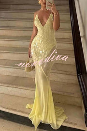 Perfect Night Sequin Embroidery Backless Drape Tulle Hem Slip Maxi Dress