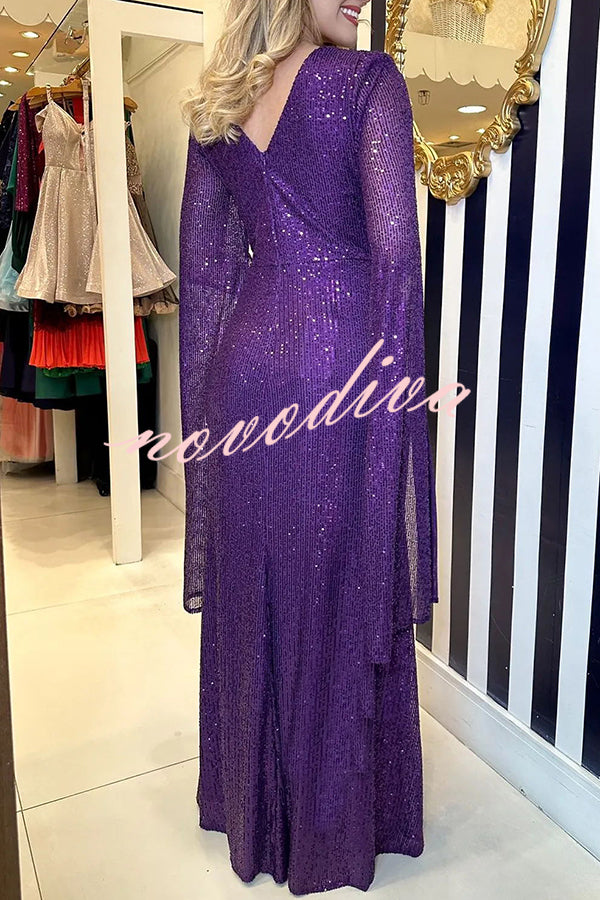 Shine Brighter Sequin Cape Sleeve Cross Waist Evening Maxi Dress