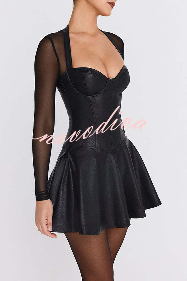 Fun and Flirty Faux Leather Mesh Sleeve Stretch Mini Dress