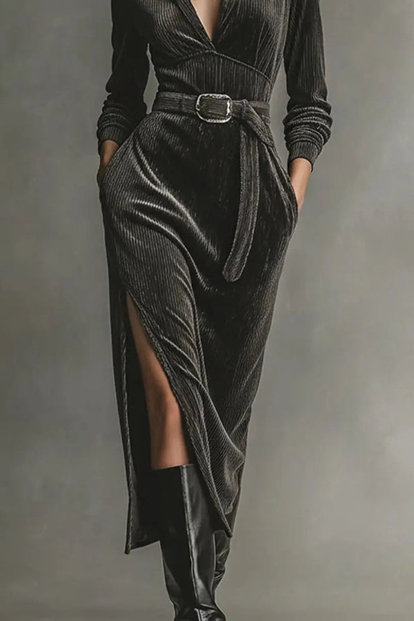 Solid Color Long-sleeved High-waisted Belted Casual Pocket Midi Dress