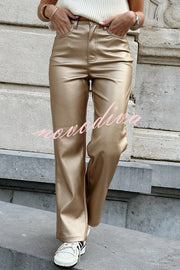 Stylish Metallic Fabric Pocket Casual Straight Wide-Leg Pants