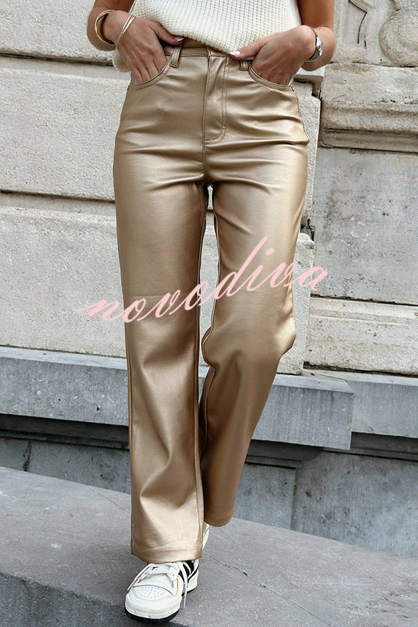 Stylish Metallic Fabric Pocket Casual Straight Wide-Leg Pants