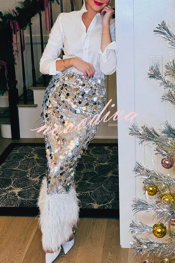 Playful Sparkling Large Sequin Faux Fur Tassel Hem Elastic Waist Maxi Skirt